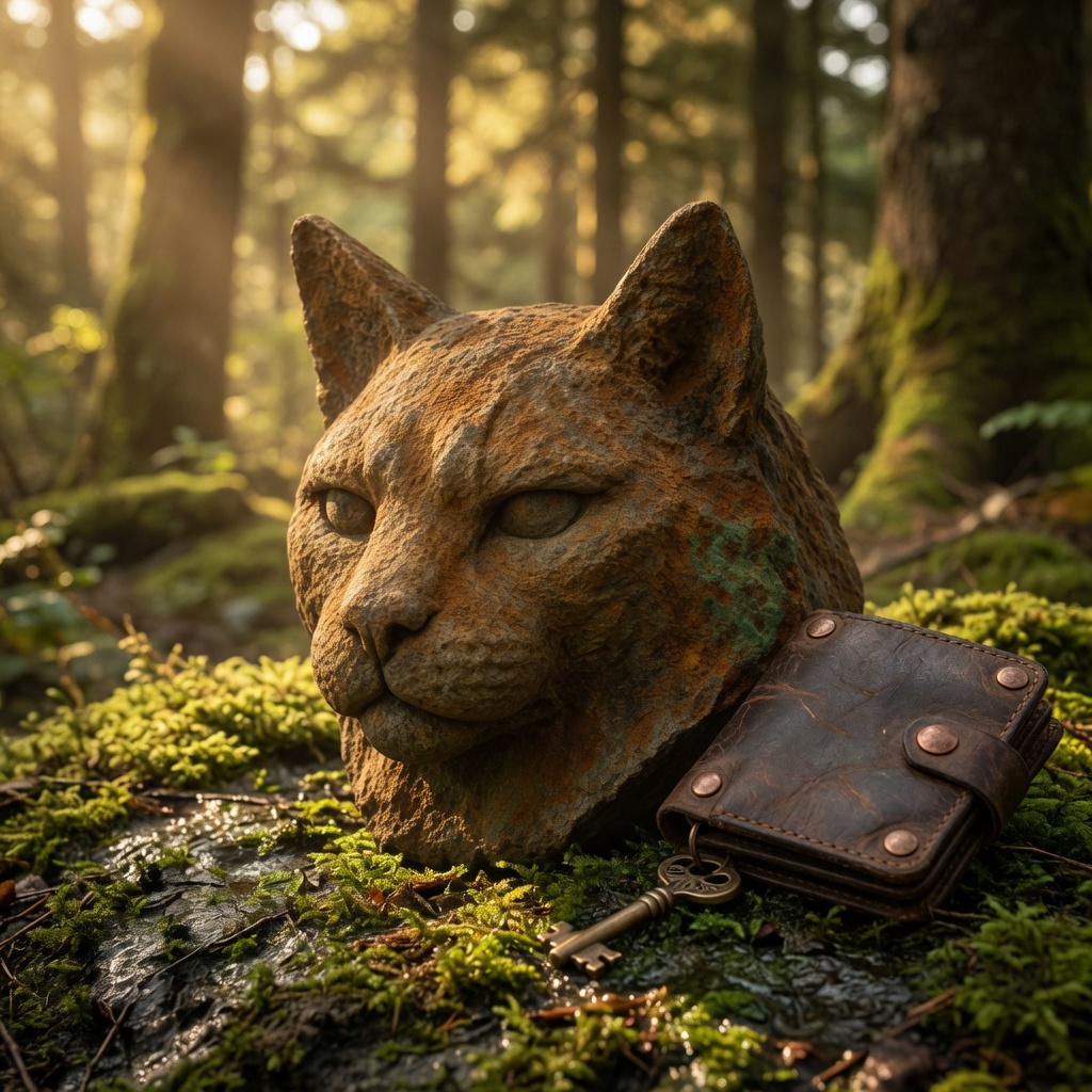 Copper Cat beside a leather wallet in the forest