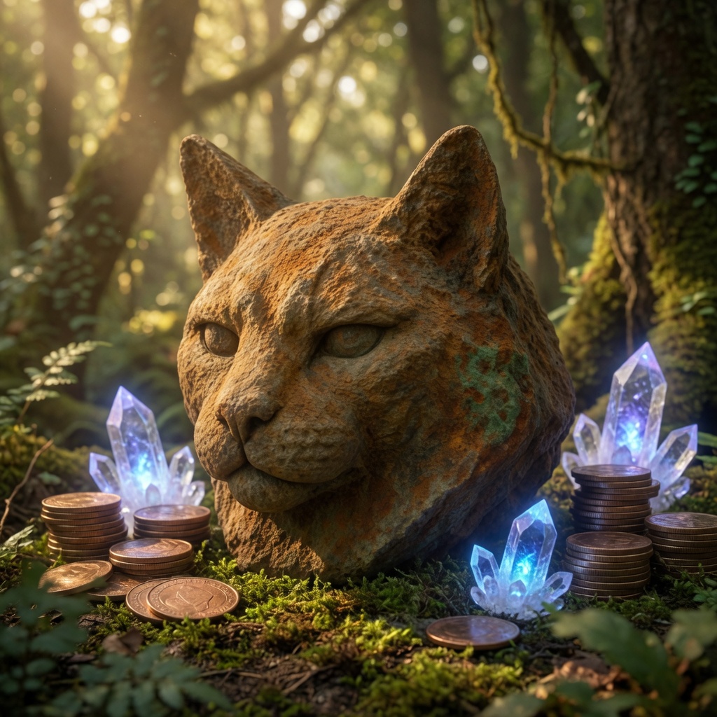 Copper Cat with Ethereum crystals and copper coins