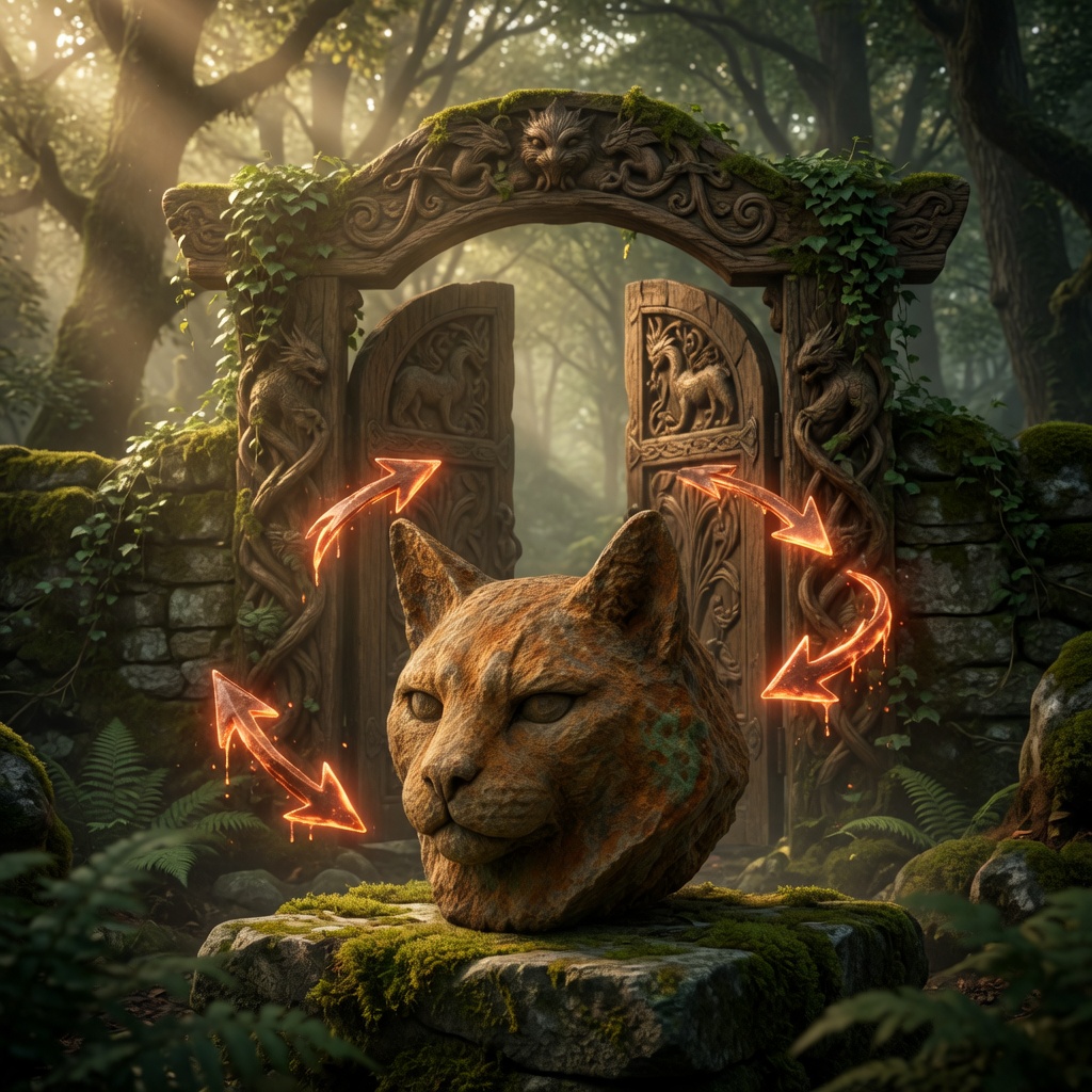 Copper Cat at a mossy forest gate with glowing swap arrows