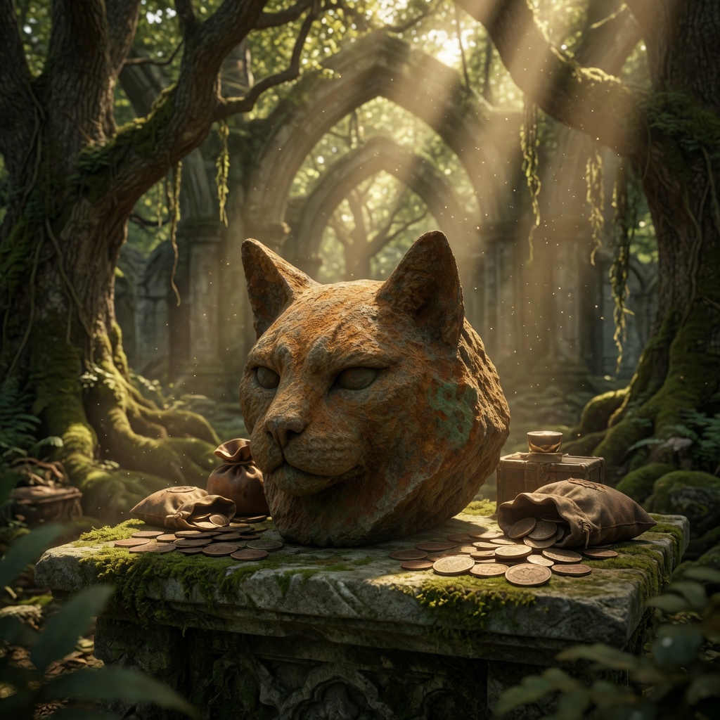 Copper Cat on a moss altar with copper coins and treasure sacks